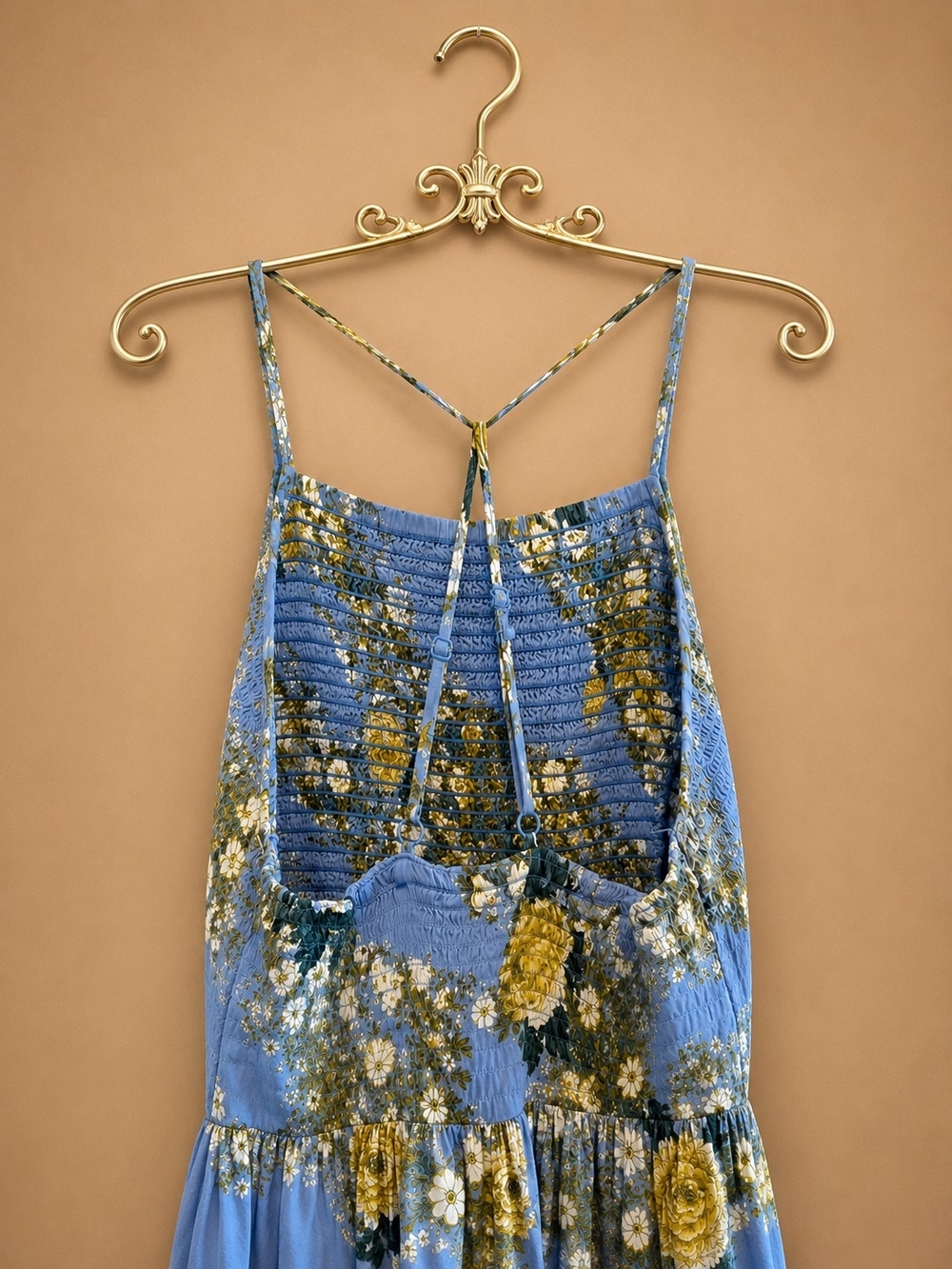Free People Heat Wave Maxi Dress Allure Blue Combo Floral Smocked Boho Midi Sz.M - Picture 7 of 16